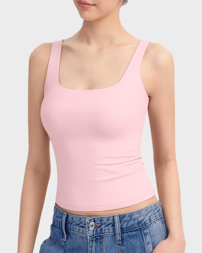 Square Neck Double Layer Stretchy Cami Soft Wide Strap Tank Top