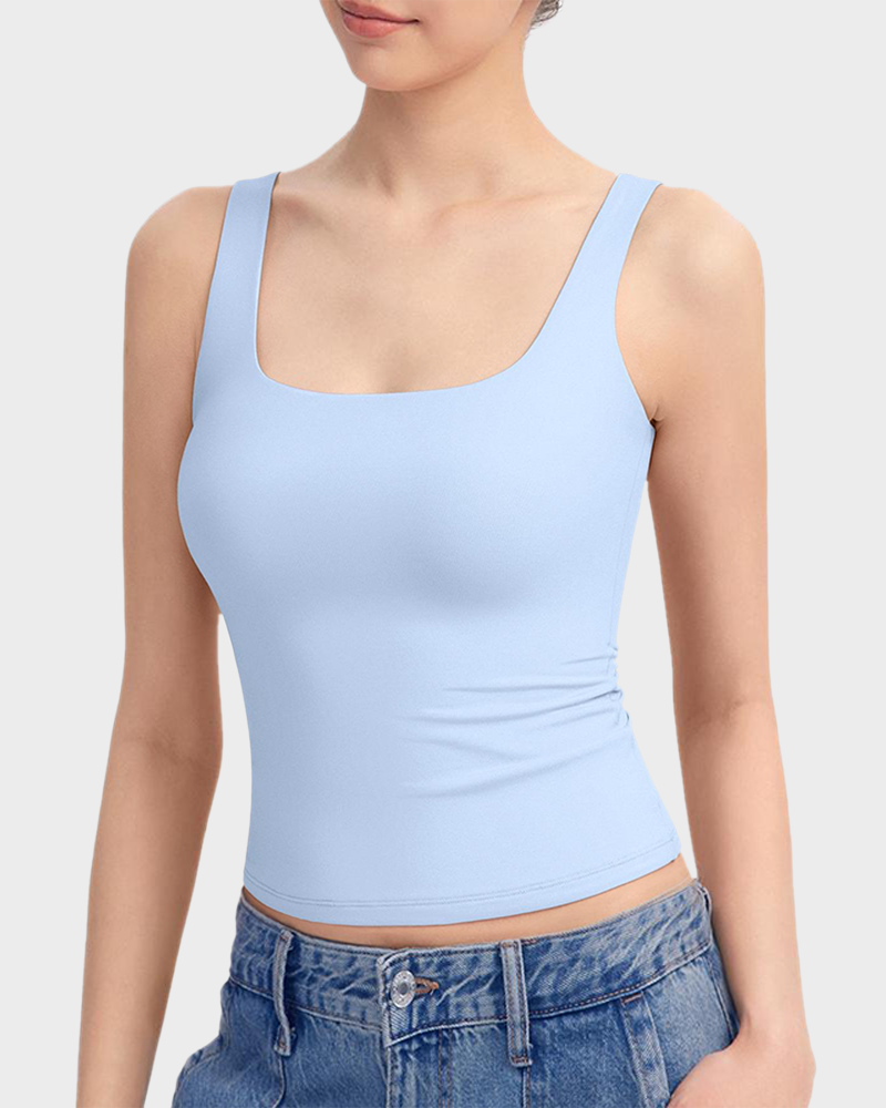Square Neck Double Layer Stretchy Cami Soft Wide Strap Tank Top