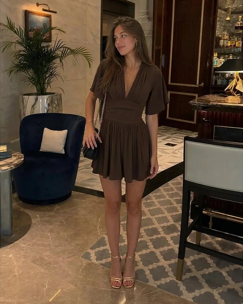 V Neck Bell Sleeve Ribbed Romper with Pockets Summer Jumpsuit