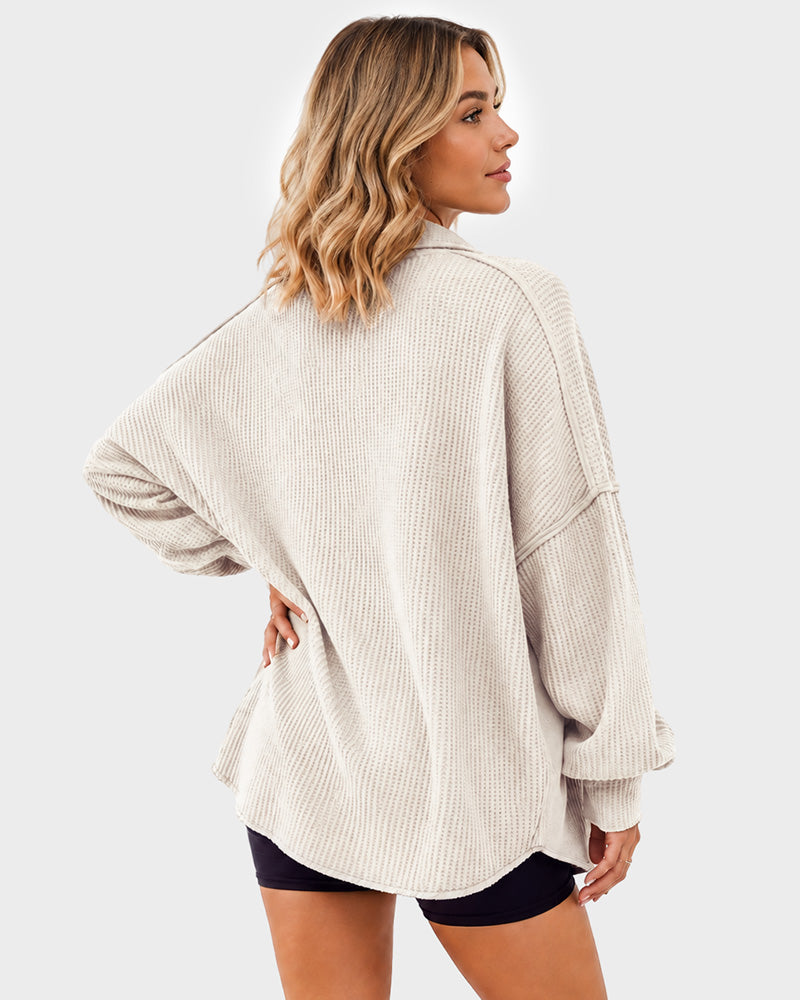 Loose Waffle Knit Button Down Batwing Shacket Casual Office Top