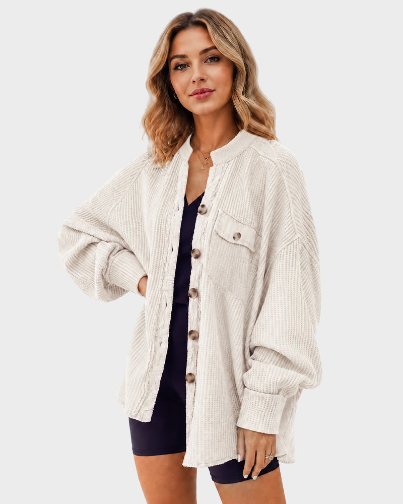 Loose Waffle Knit Button Down Batwing Shacket Casual Office Top