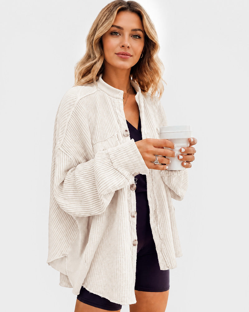 Loose Waffle Knit Button Down Batwing Shacket Casual Office Top