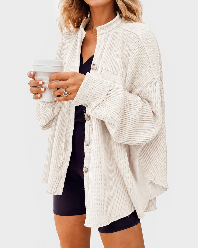 Loose Waffle Knit Button Down Batwing Shacket Casual Office Top