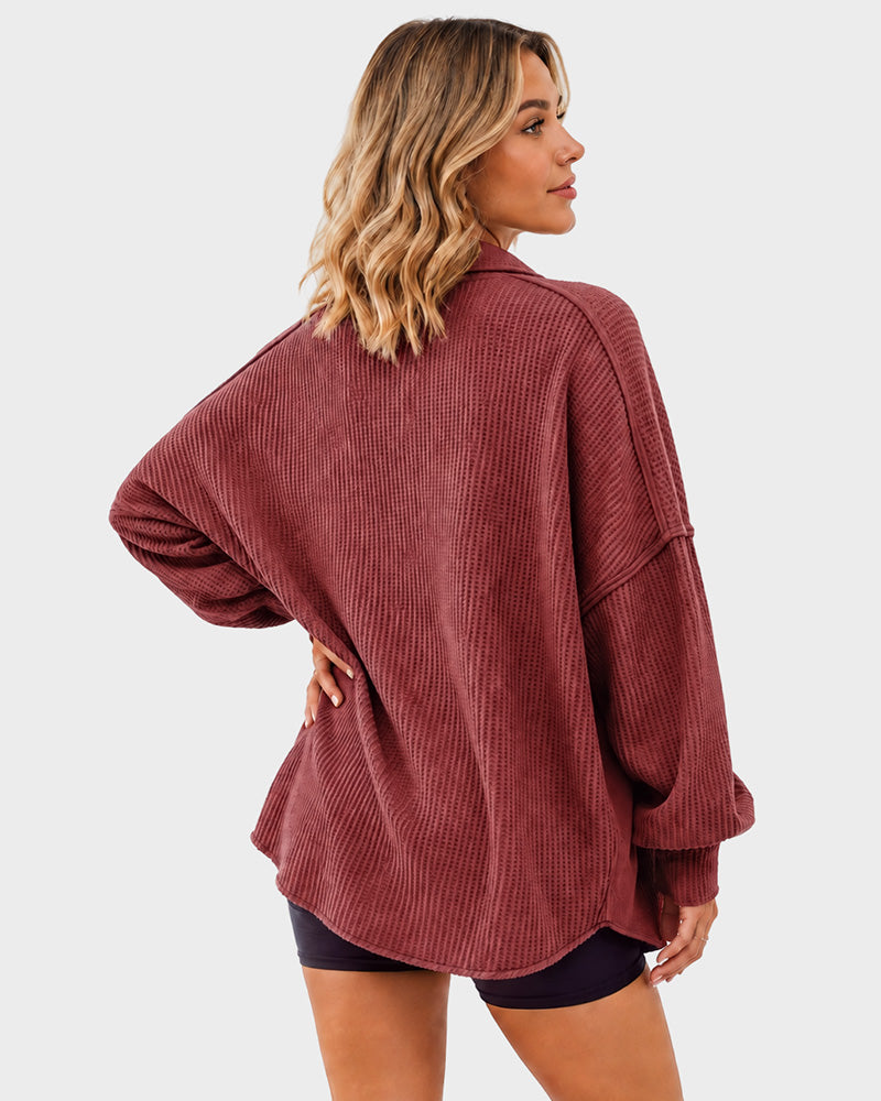 Loose Waffle Knit Button Down Batwing Shacket Casual Office Top