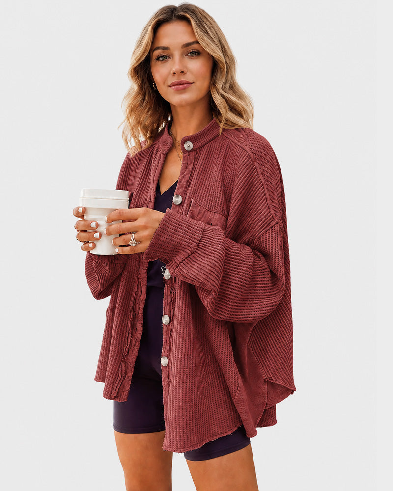 Loose Waffle Knit Button Down Batwing Shacket Casual Office Top
