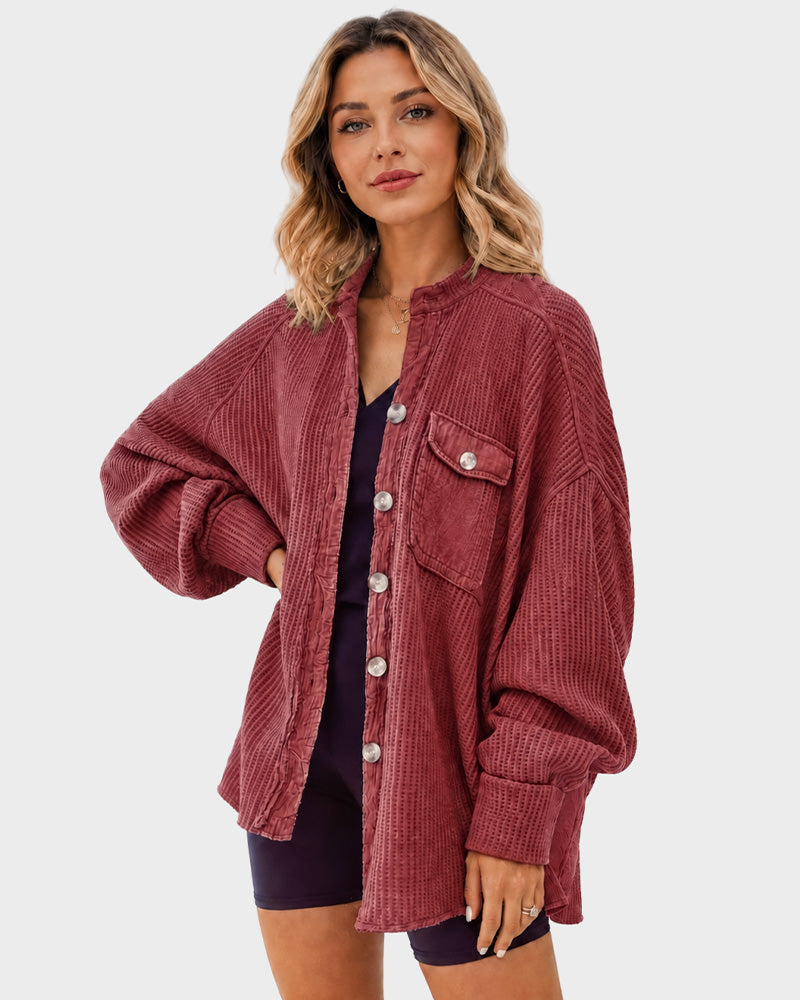 Loose Waffle Knit Button Down Batwing Shacket Casual Office Top
