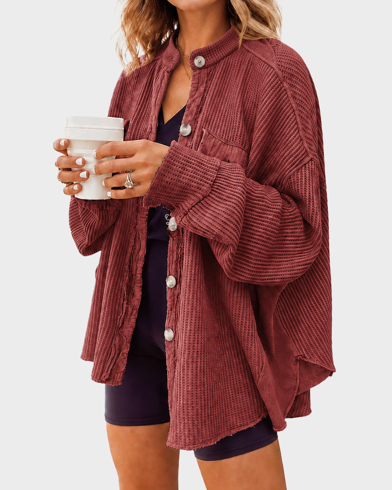 Loose Waffle Knit Button Down Batwing Shacket Casual Office Top