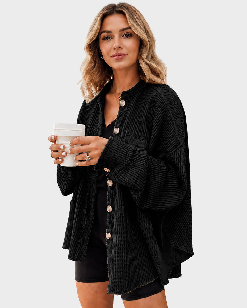 Loose Waffle Knit Button Down Batwing Shacket Casual Office Top