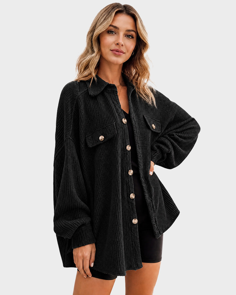 Loose Waffle Knit Button Down Batwing Shacket Casual Office Top