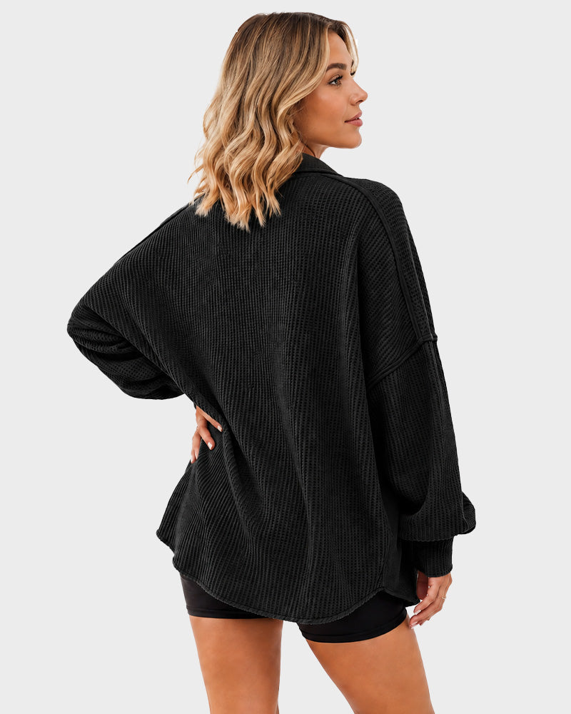 Loose Waffle Knit Button Down Batwing Shacket Casual Office Top