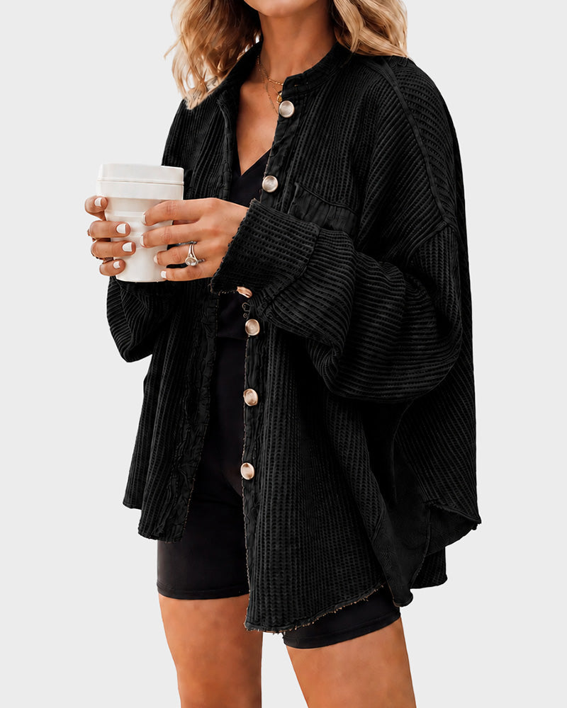 Loose Waffle Knit Button Down Batwing Shacket Casual Office Top