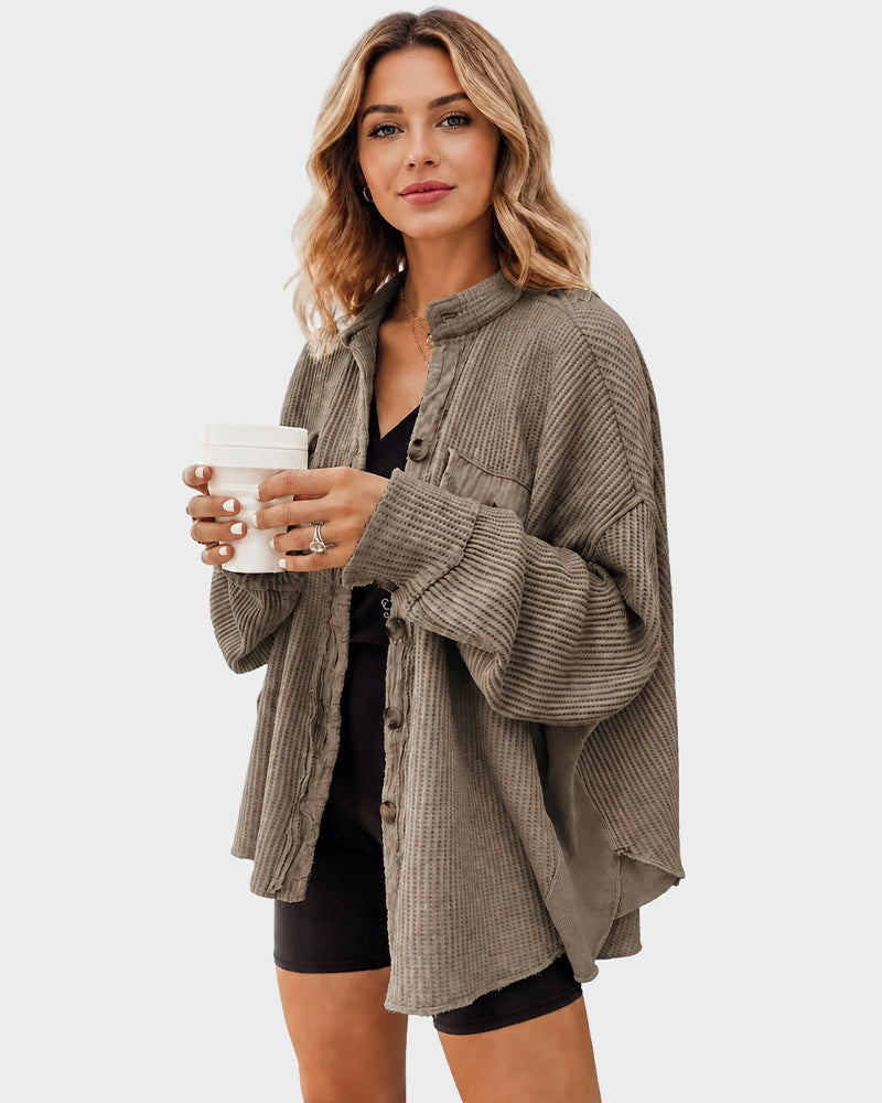 Loose Waffle Knit Button Down Batwing Shacket Casual Office Top