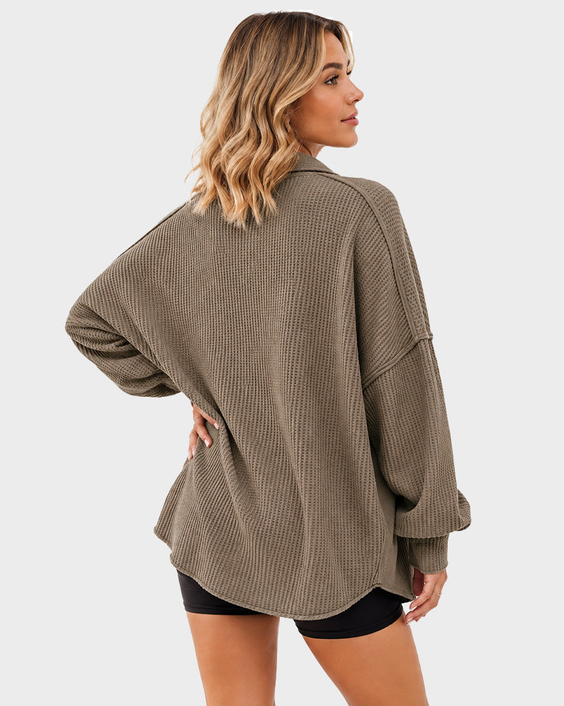 Loose Waffle Knit Button Down Batwing Shacket Casual Office Top