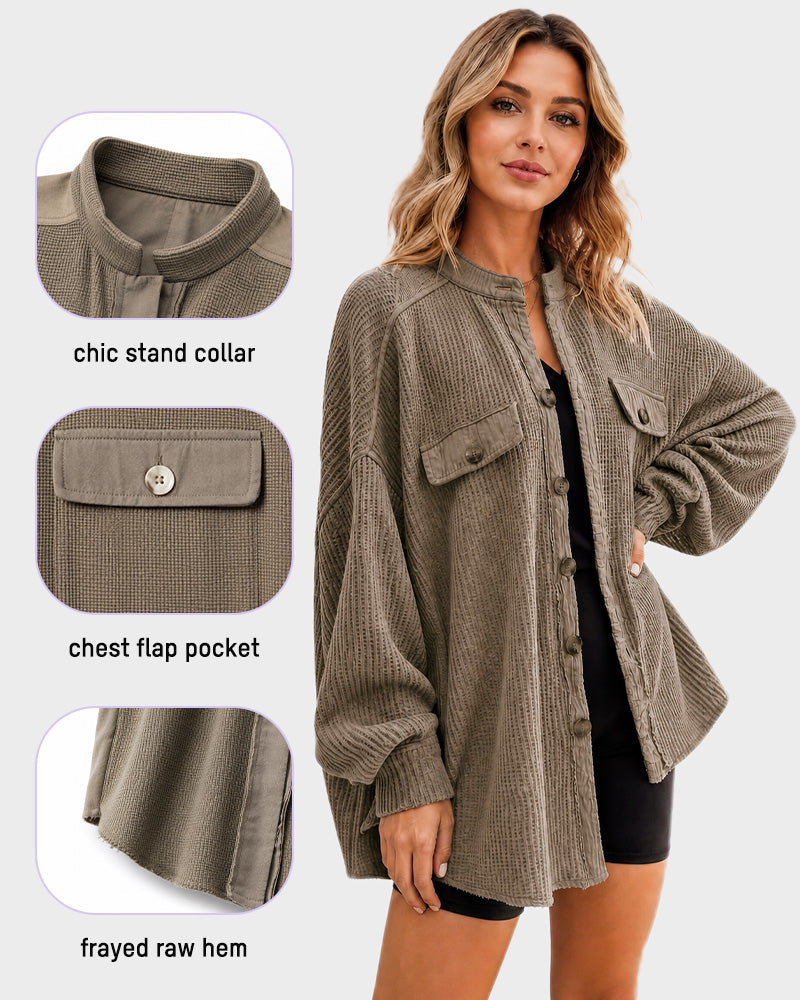Loose Waffle Knit Button Down Batwing Shacket Casual Office Top