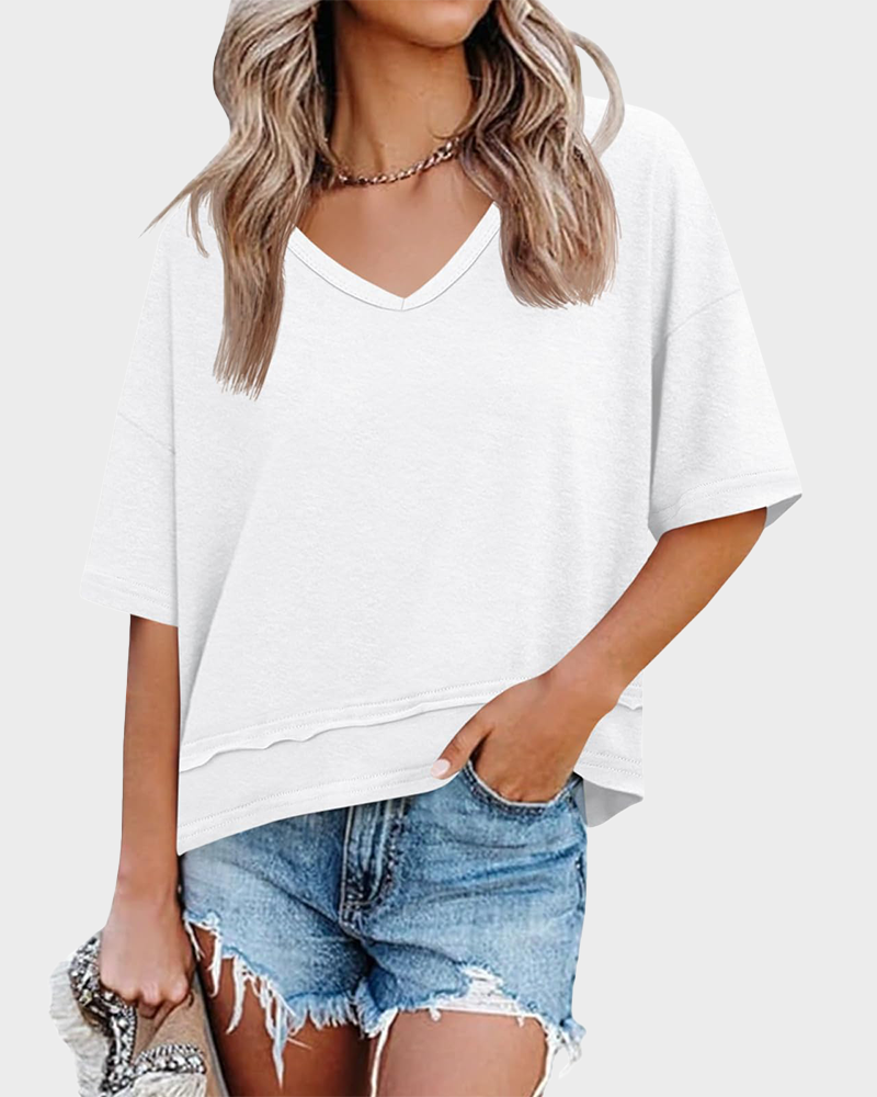 Women's Summer V Neck Short Sleeve Flowy Loose Fit Basic Tee Cute Casual Top