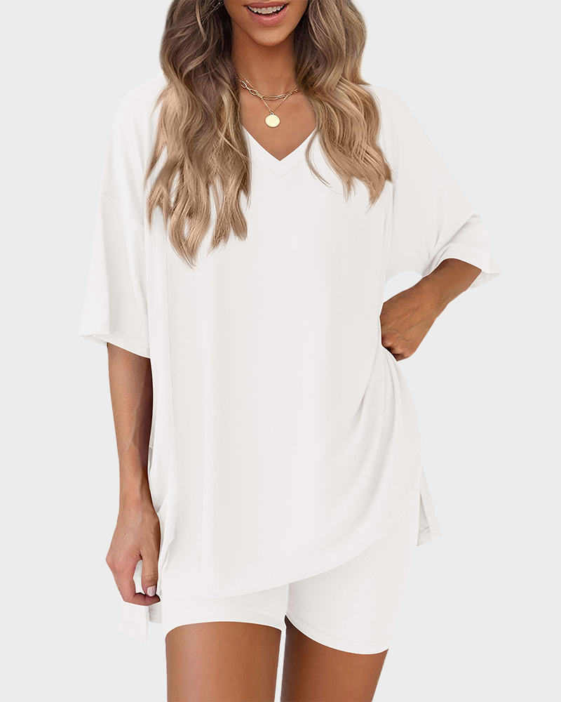 V Neck Oversized Shirt & Biker Shorts 2 Piece Lounge Set
