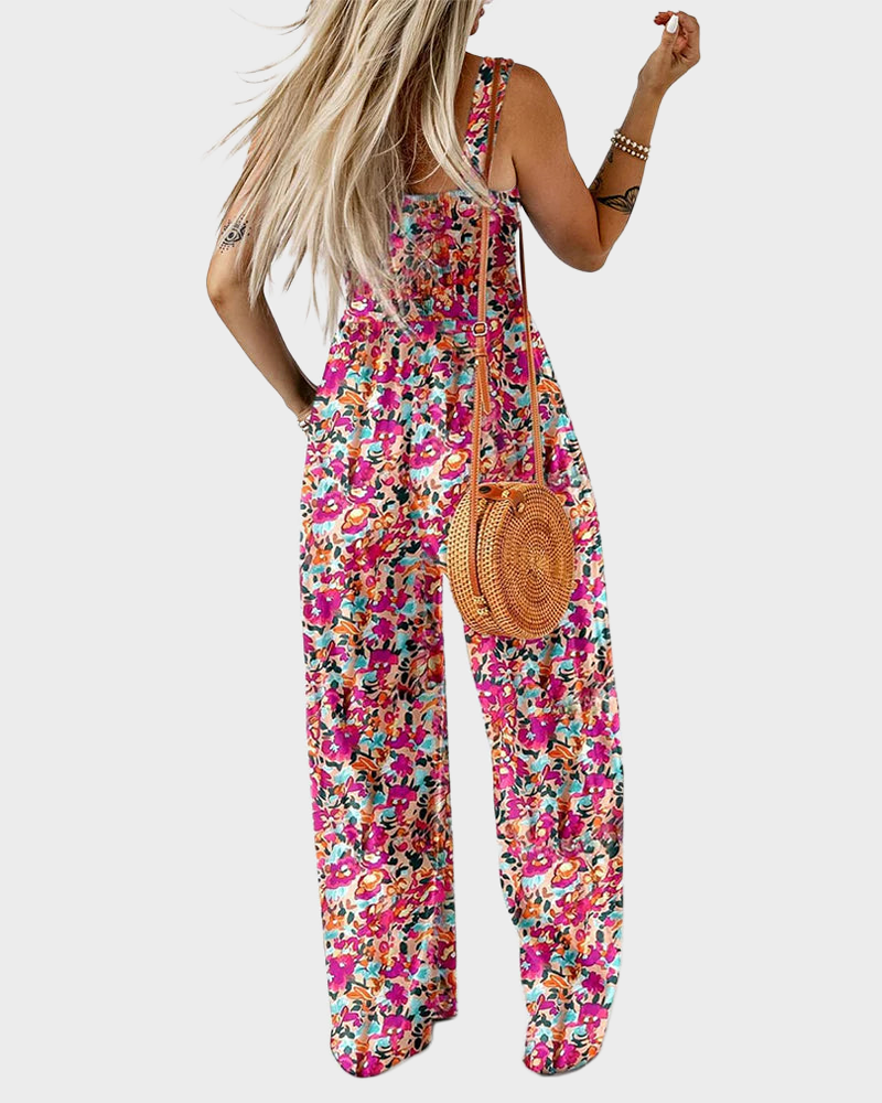 Bohemian Loose Sleeveless Printed Wide Leg Jumpsuit with Pockets Casual Romper