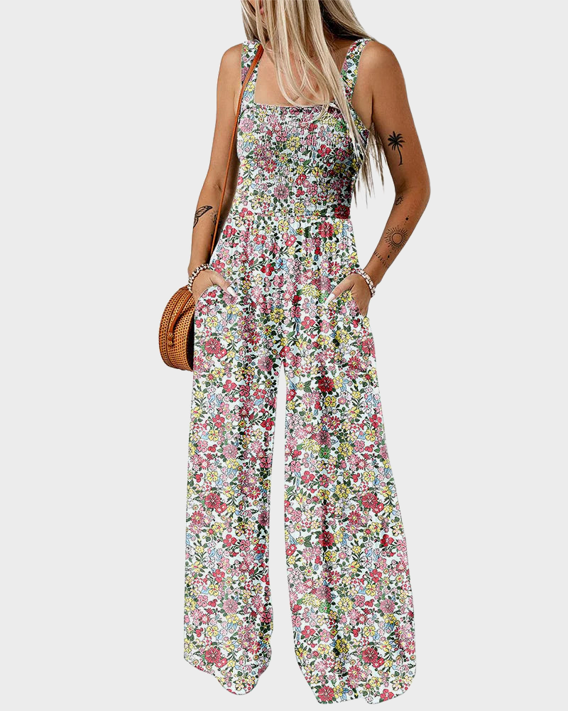 Bohemian Loose Sleeveless Printed Wide Leg Jumpsuit with Pockets Casual Romper