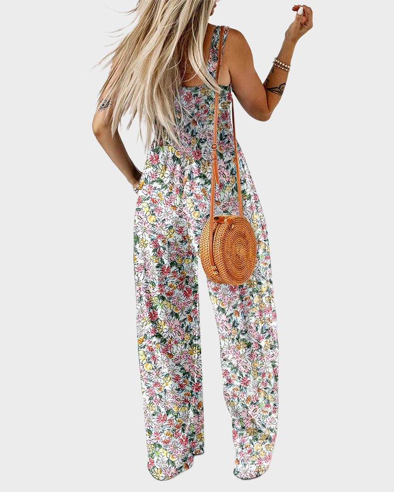 Bohemian Loose Sleeveless Printed Wide Leg Jumpsuit with Pockets Casual Romper