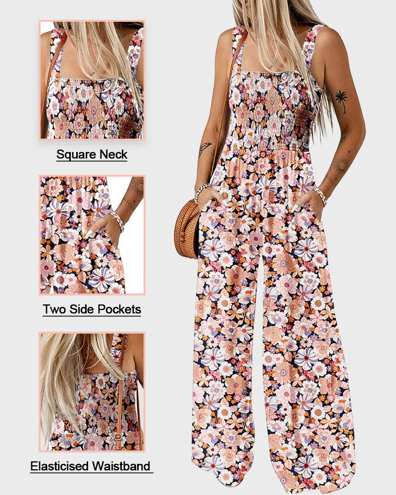 Bohemian Loose Sleeveless Printed Wide Leg Jumpsuit with Pockets Casual Romper