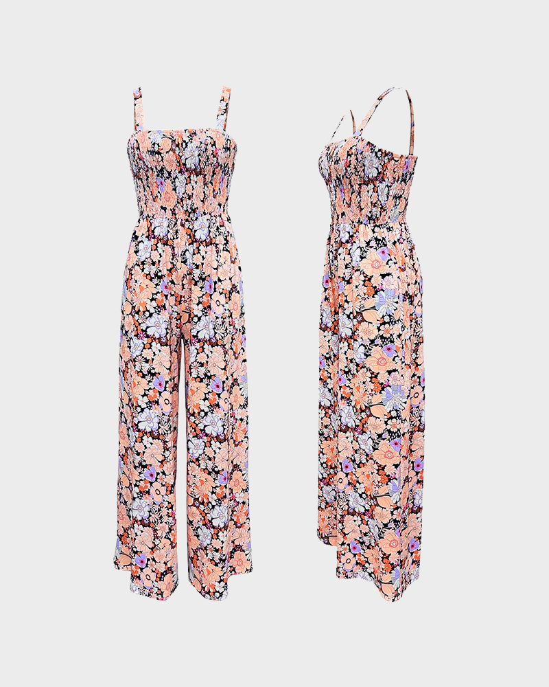 Bohemian Loose Sleeveless Printed Wide Leg Jumpsuit with Pockets Casual Romper