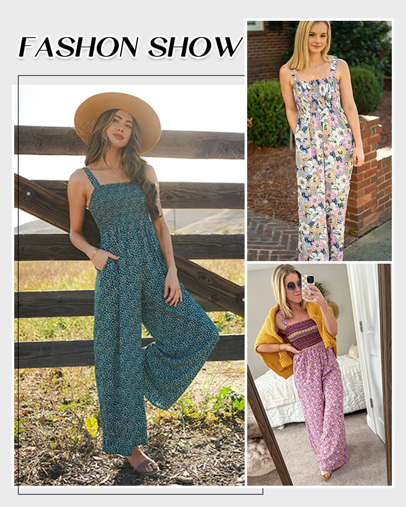 Bohemian Loose Sleeveless Printed Wide Leg Jumpsuit with Pockets Casual Romper