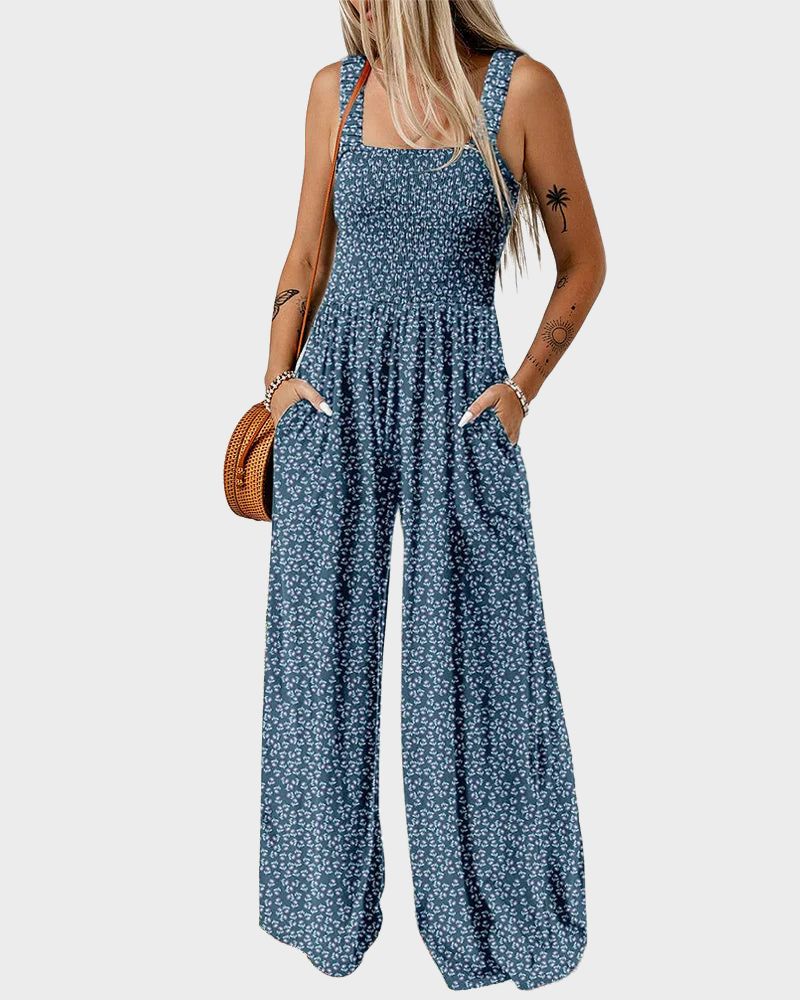 Bohemian Loose Sleeveless Printed Wide Leg Jumpsuit with Pockets Casual Romper
