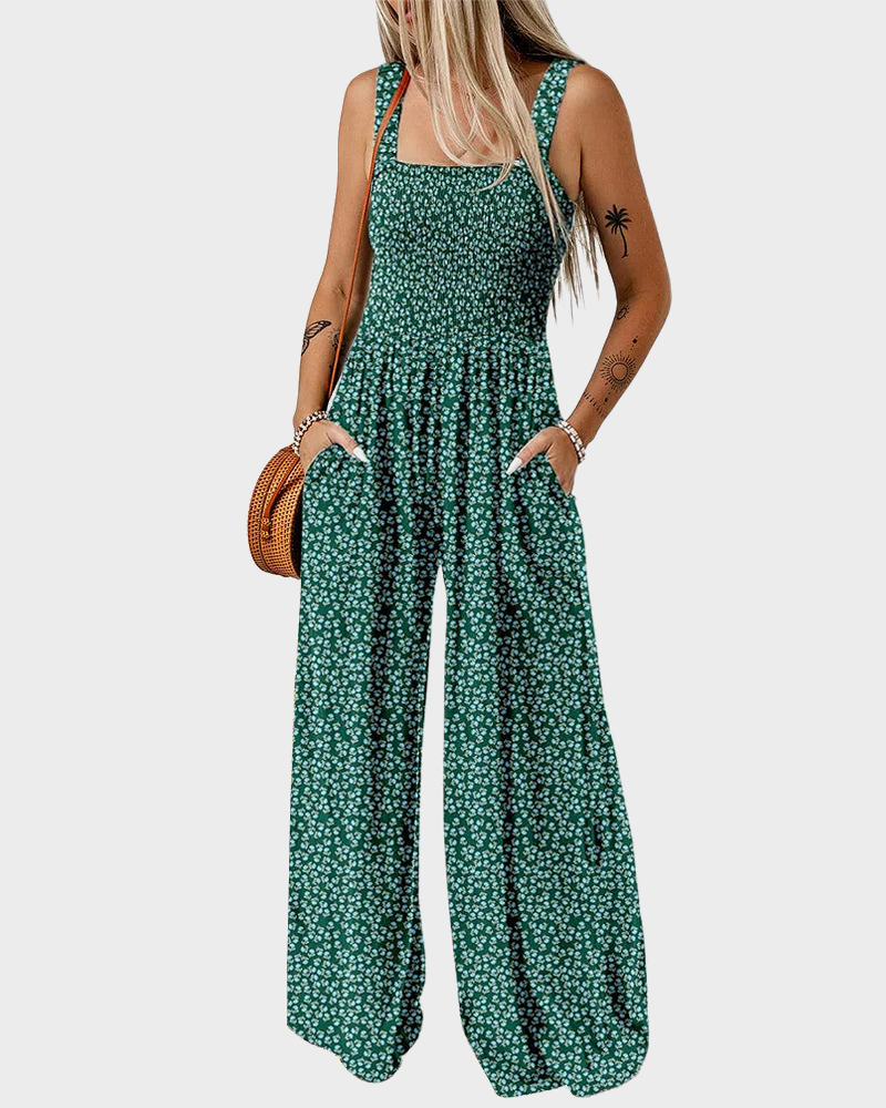 Bohemian Loose Sleeveless Printed Wide Leg Jumpsuit with Pockets Casual Romper