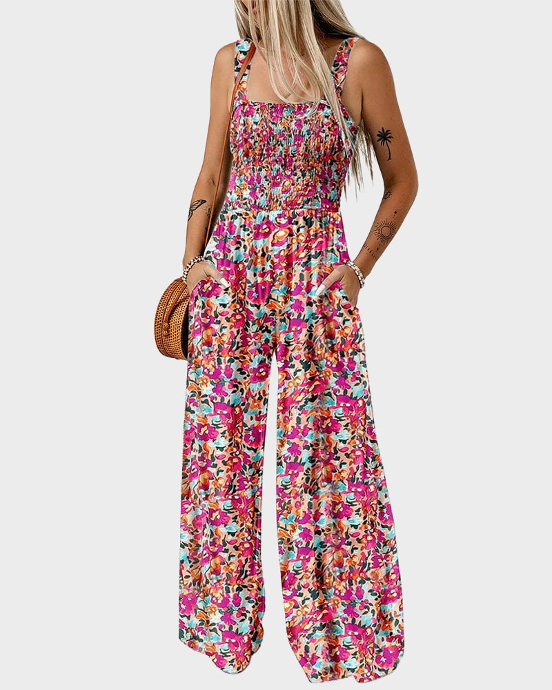 Bohemian Loose Sleeveless Printed Wide Leg Jumpsuit with Pockets Casual Romper
