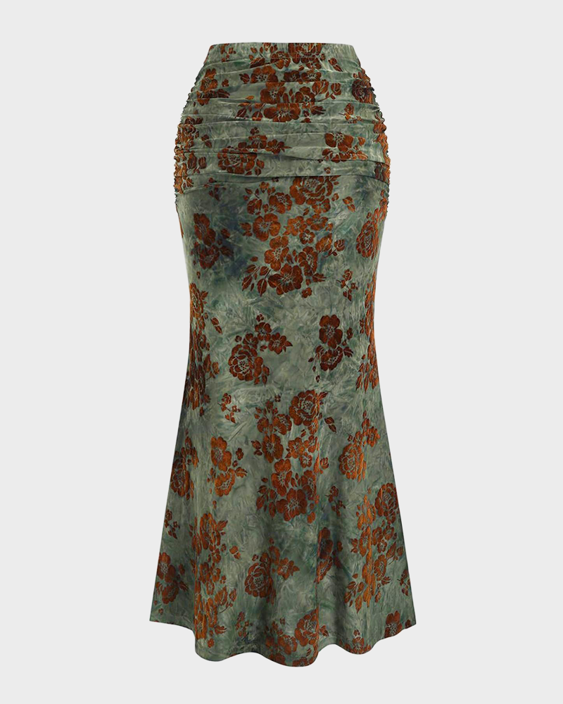 Floral Crop Top & Fishtail Skirt Set Deep V Neck All Over Print Sexy Two Piece Dress