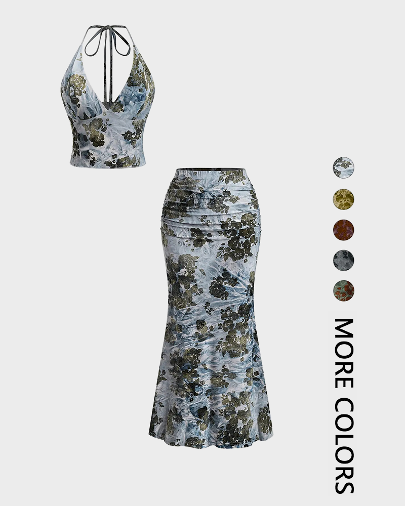 Floral Crop Top & Fishtail Skirt Set Deep V Neck All Over Print Sexy Two Piece Dress