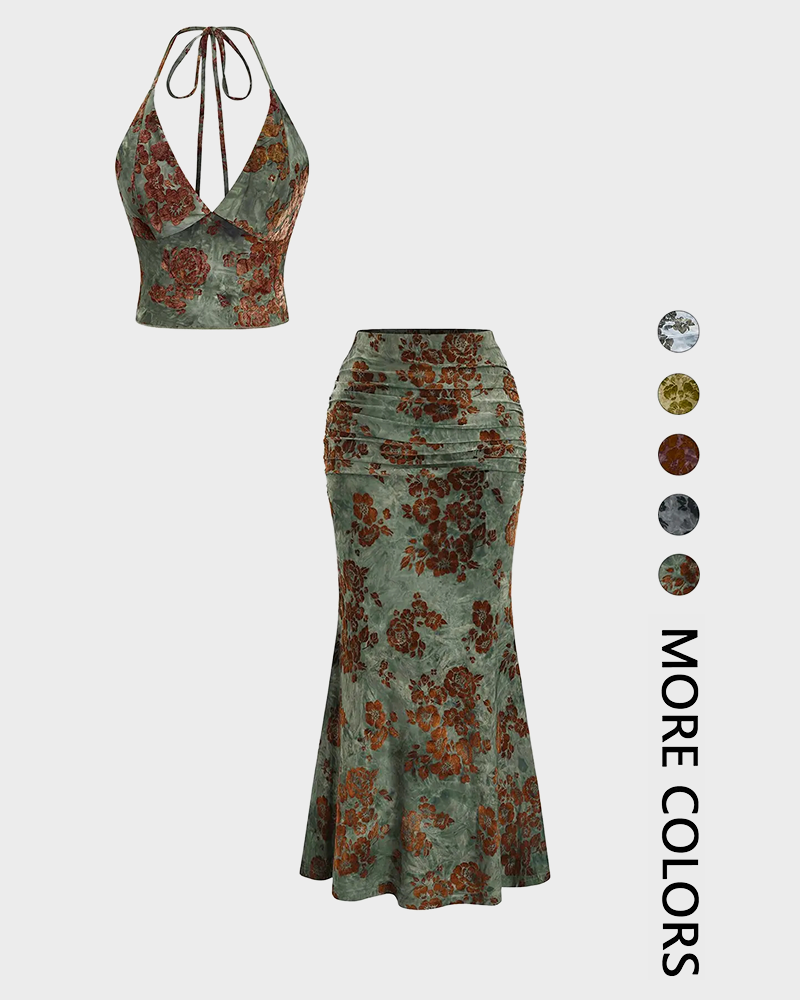 Floral Crop Top & Fishtail Skirt Set Deep V Neck All Over Print Sexy Two Piece Dress