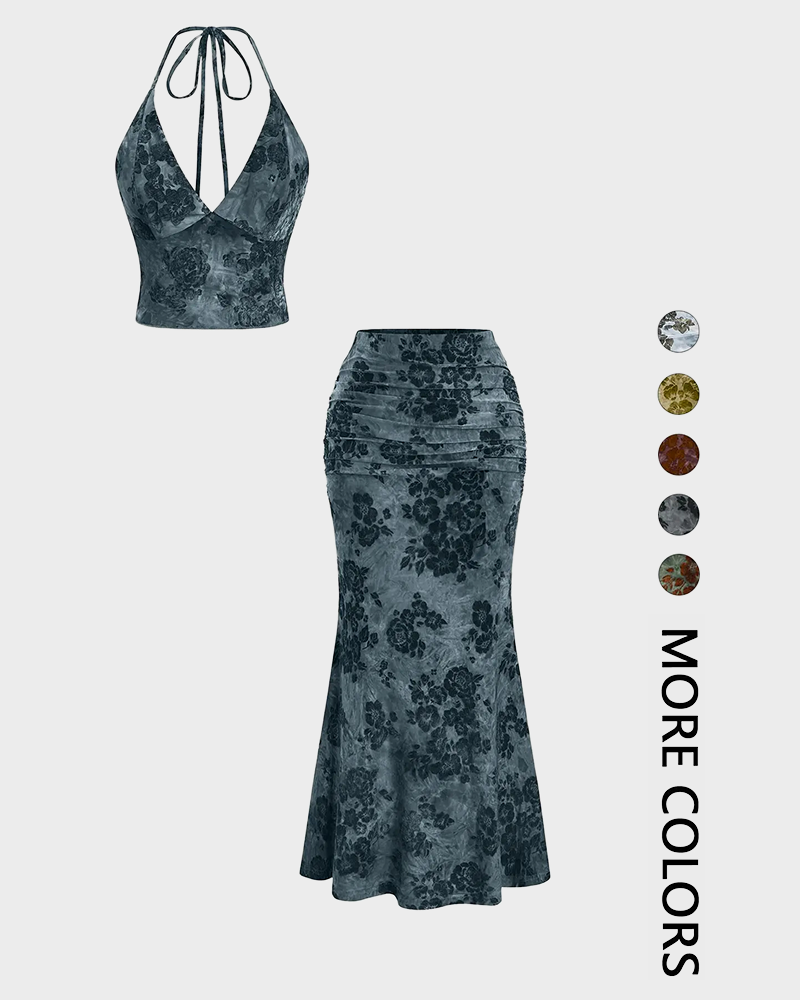 Floral Crop Top & Fishtail Skirt Set Deep V Neck All Over Print Sexy Two Piece Dress
