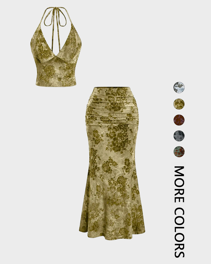 Floral Crop Top & Fishtail Skirt Set Deep V Neck All Over Print Sexy Two Piece Dress