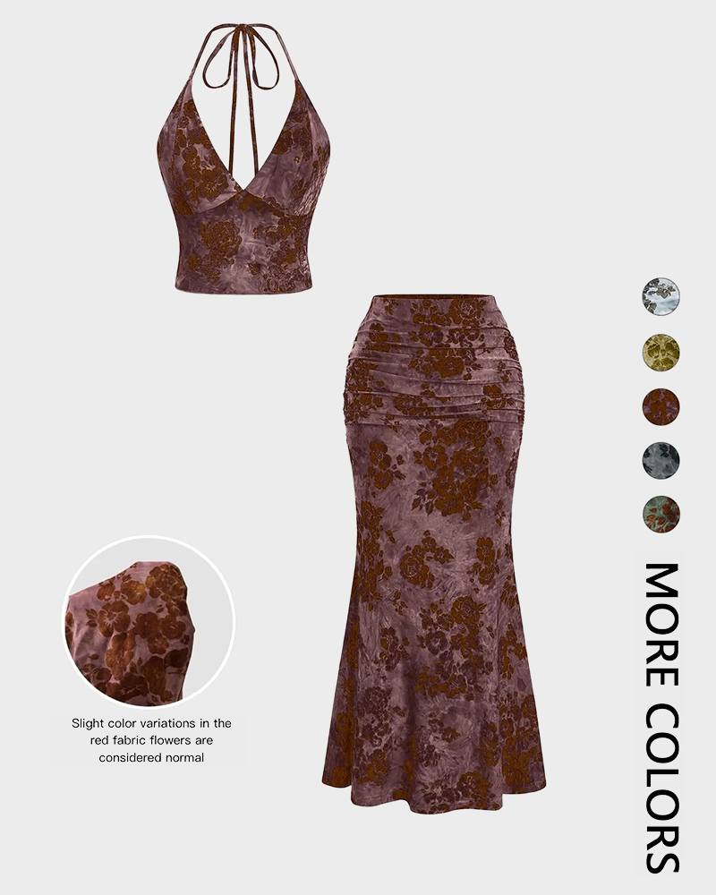Floral Crop Top & Fishtail Skirt Set Deep V Neck All Over Print Sexy Two Piece Dress