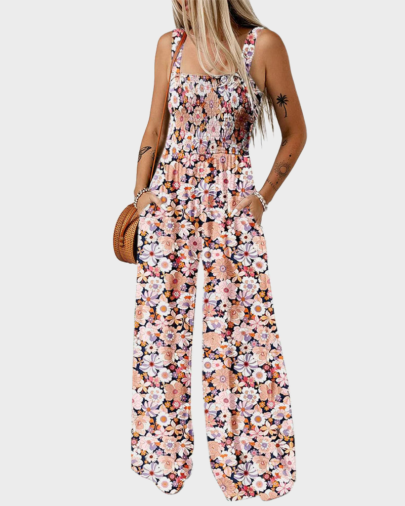 Bohemian Loose Sleeveless Printed Wide Leg Jumpsuit with Pockets Casual Romper