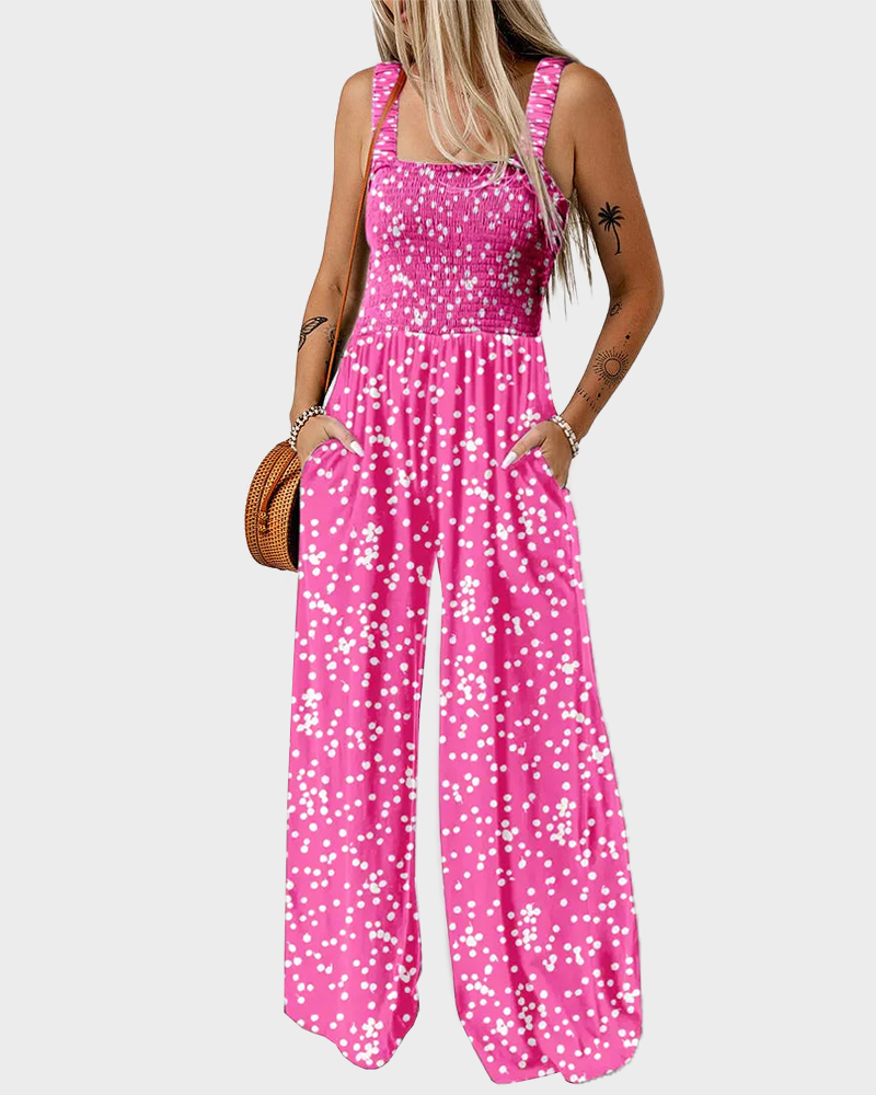Bohemian Loose Sleeveless Printed Wide Leg Jumpsuit with Pockets Casual Romper