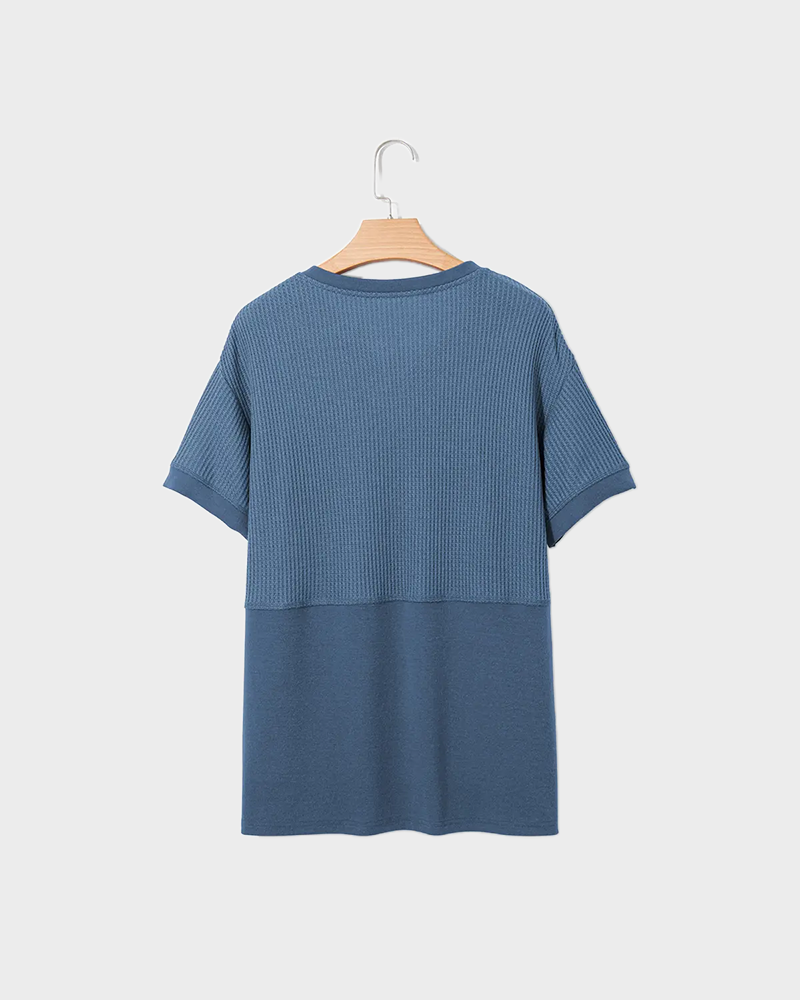 Waffle Knit V Neck Short Sleeve Tunic Soft Solid Minimalist Basic Plus Size Daily Top