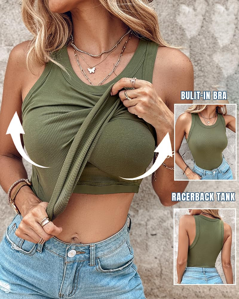 Women’s Ribbed Racerback Tank Top with Built-in Bra
