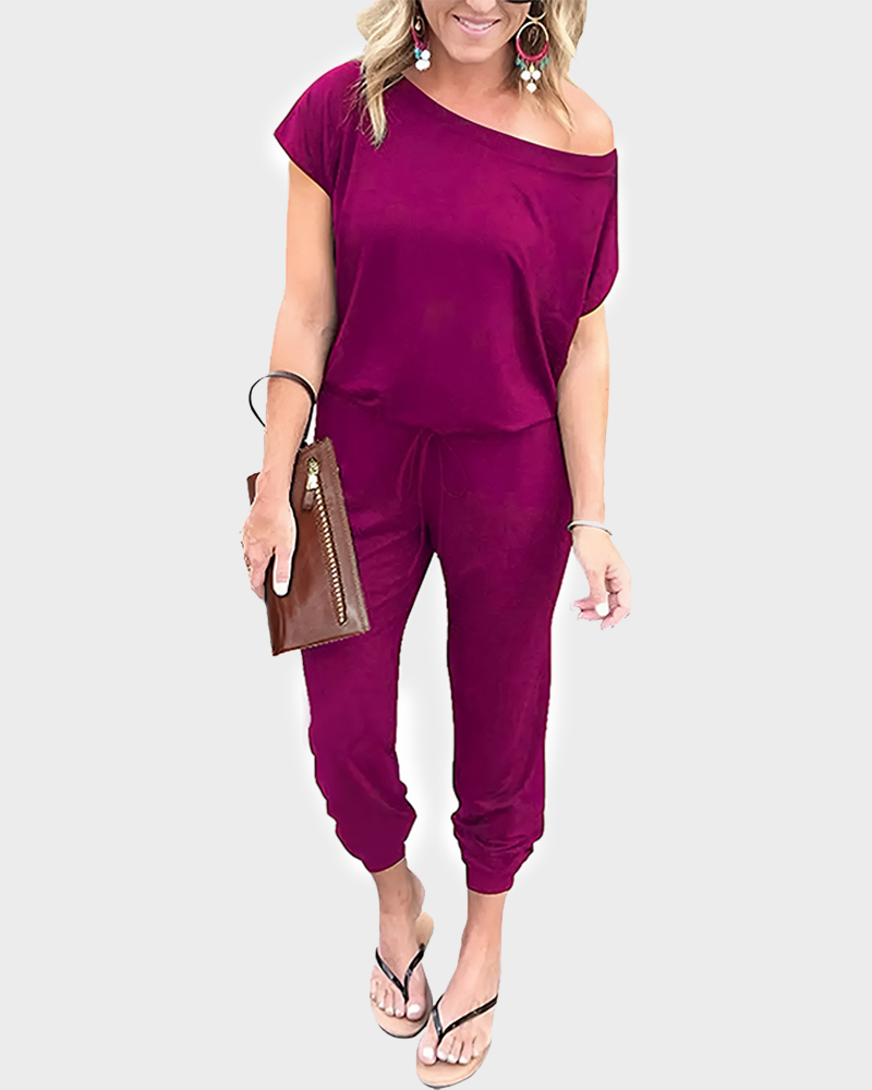 Women's Plus Size Off Shoulder Elastic Waist Loose Minimalist Jumpsuit Casual Lightweight Romper