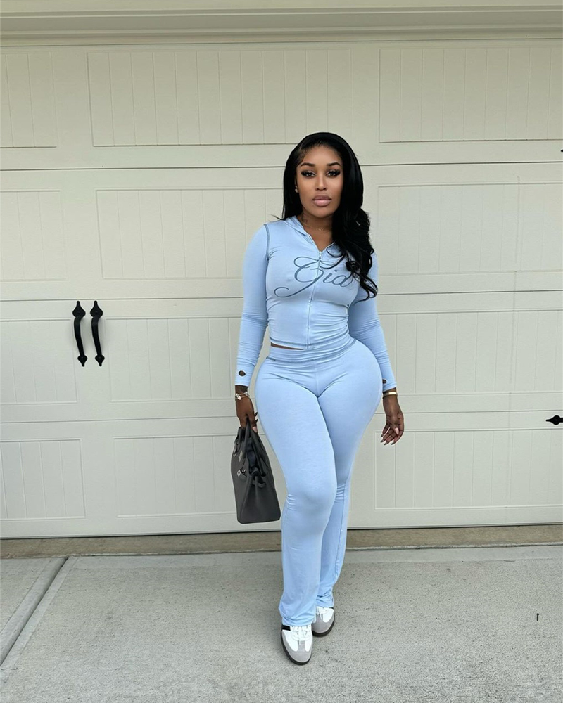 Letter Print Zip Up Cropped Hoodie  & Low Rise Flare Leg Pants Set