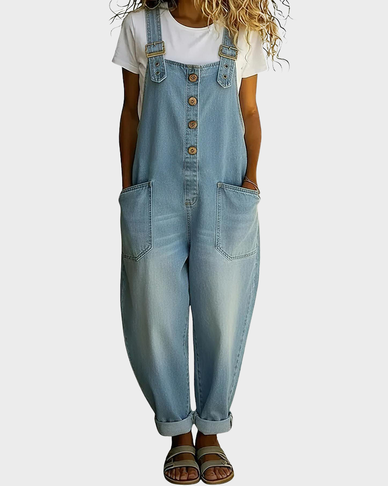 Y2K Vintage Loose Wide Leg Denim Button Front One Piece Romper Overalls