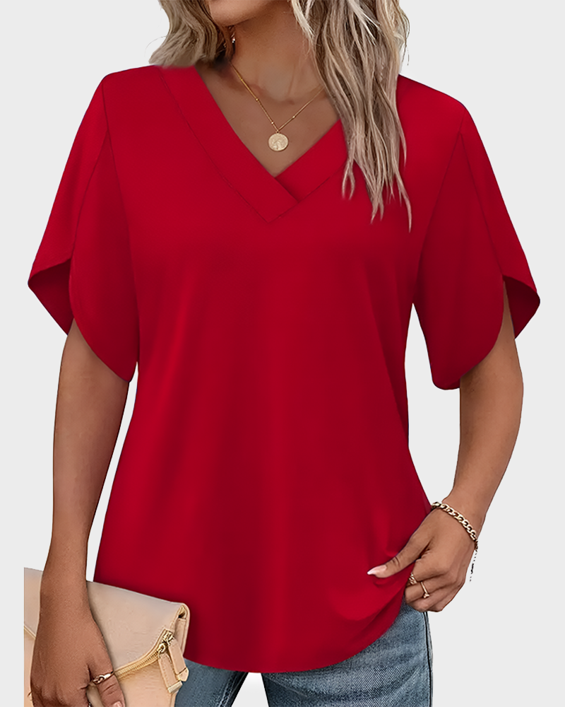 Women's Summer V Neck Short Petal Sleeve Blouse Casual Fashion Top