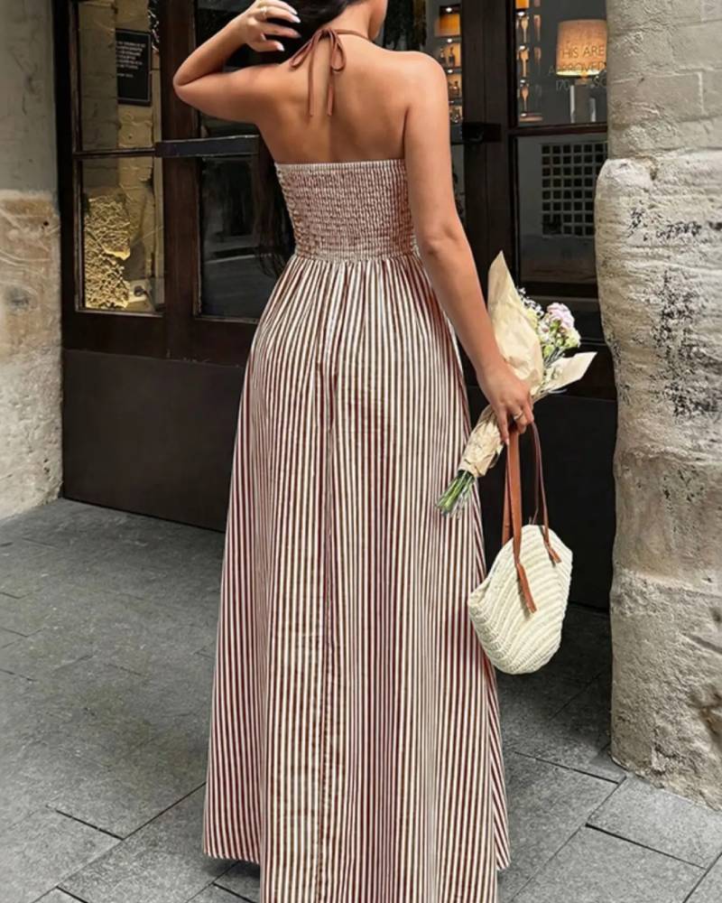 French Stripe Halter Dress Deep V Waist Cinch Color Block Floor Length Beach Dress