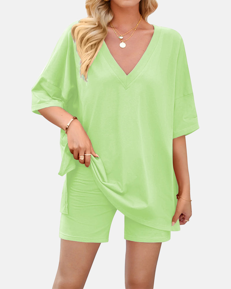 V Neck Oversized Shirt & Biker Shorts 2 Piece Lounge Set