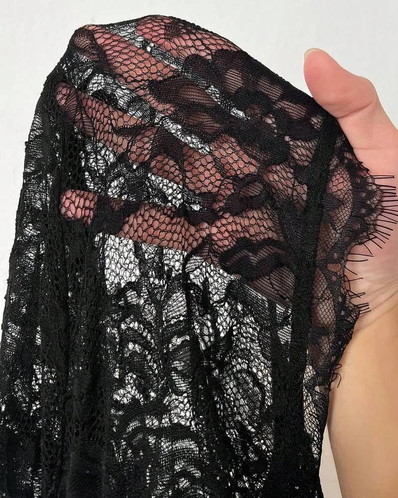 Plus Size Black Lace V-Neck Mini Dress Sheer Long Sleeve Tiered Skirt