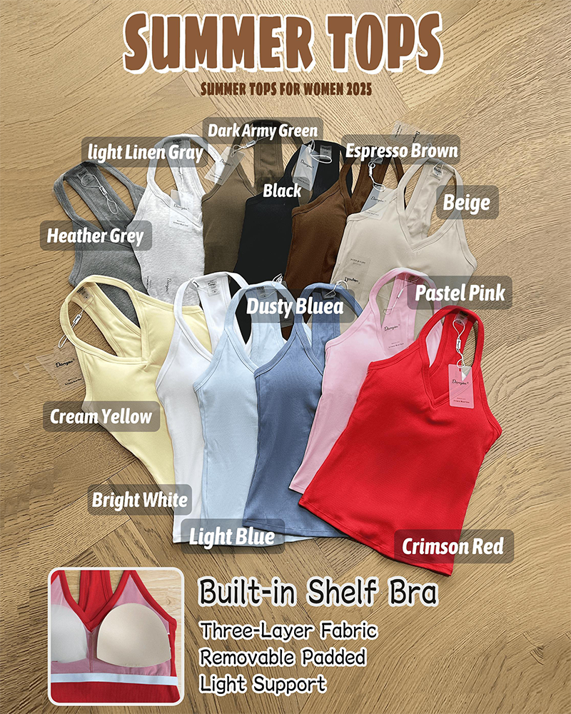 Women's V Neck Cotton Racerback Tank Top Built in Bra Sleeveless Fitted Cami