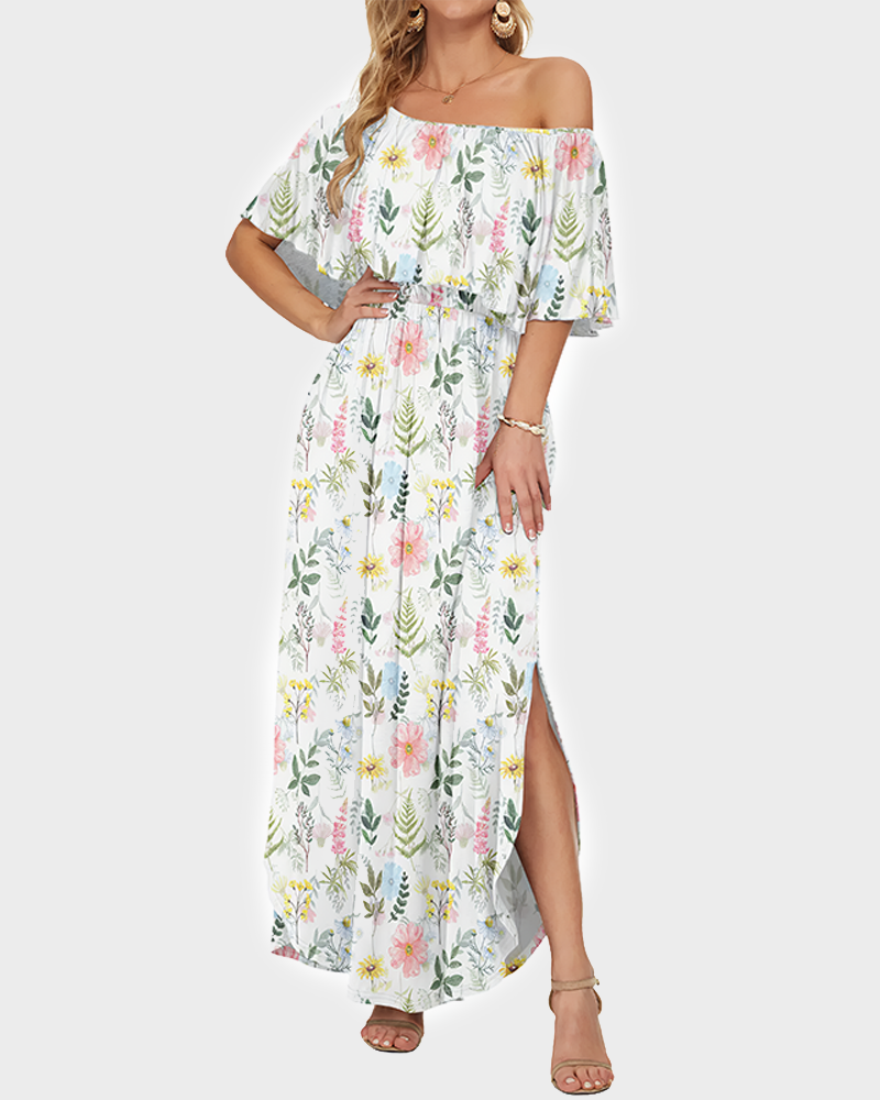 Women's Off The Shoulder Long Ruffle Maxi Dress with Pockets