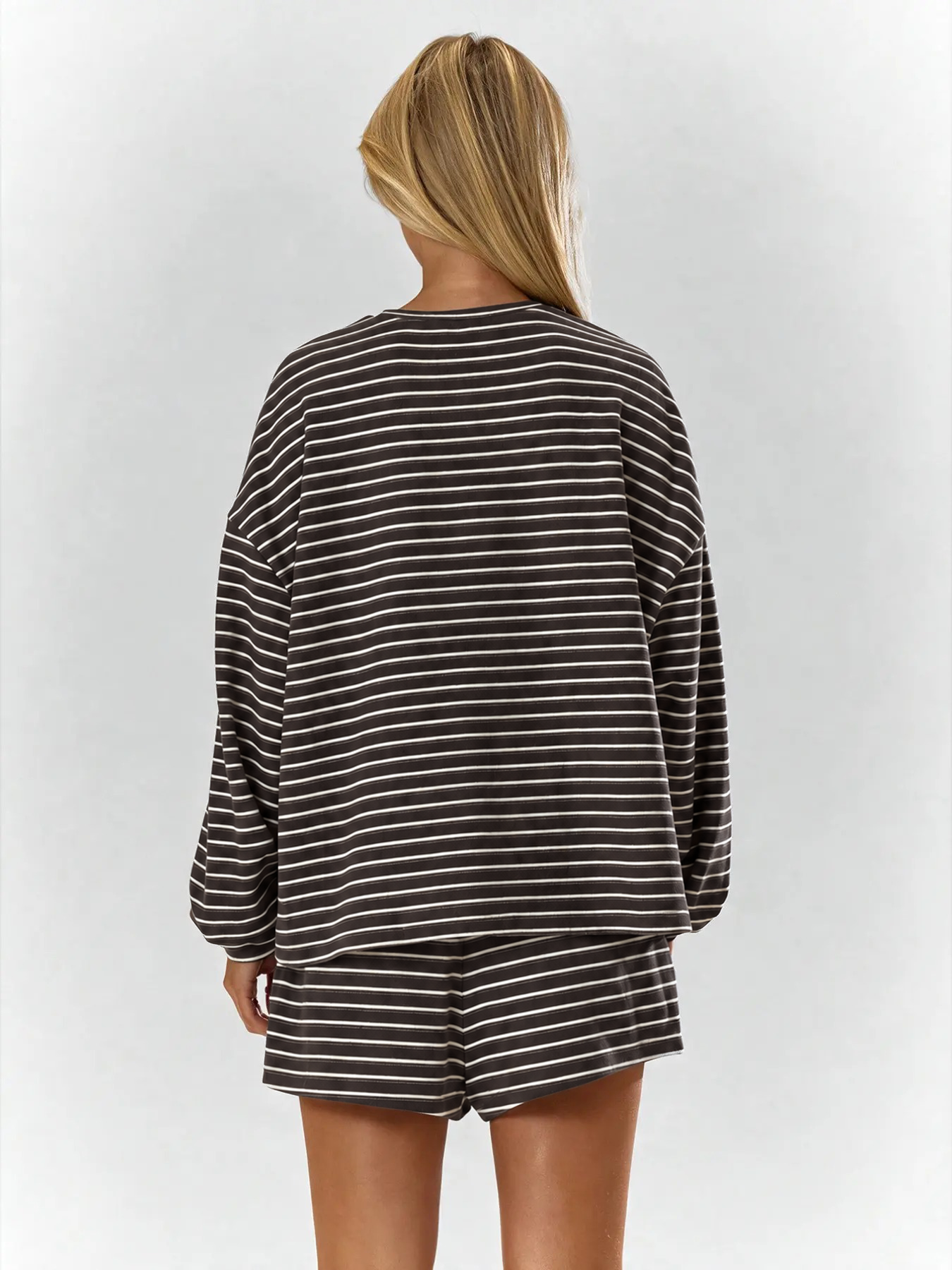 Striped Oversized 2-Piece Lounge Set – Long Sleeve Top & Pocket Shorts
