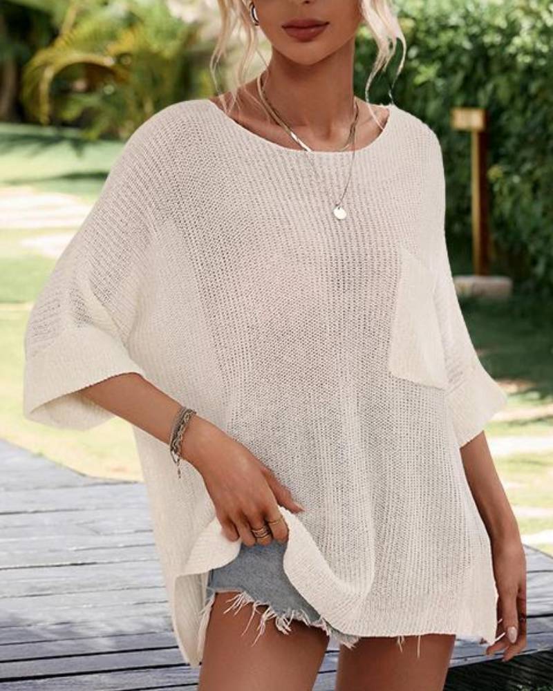 Comfy Oversized Batwing Short Sleeve Knit Crochet Beach Vacation Top